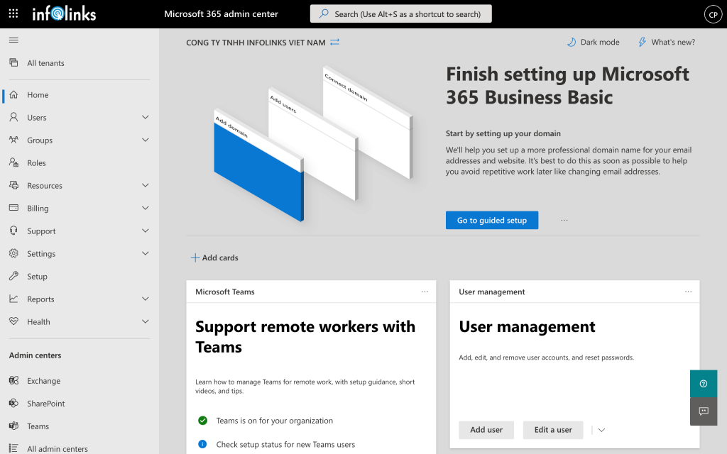 Giao diện trang quản trị Microsoft Admin