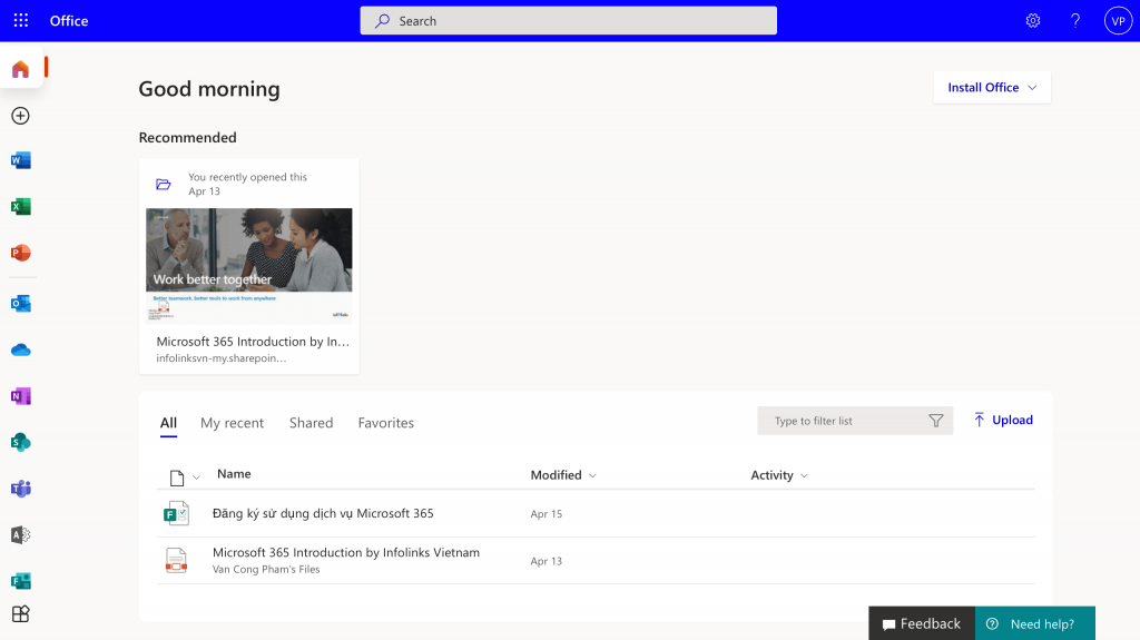Giao diện bộ ứng dụng Office trực tuyến
